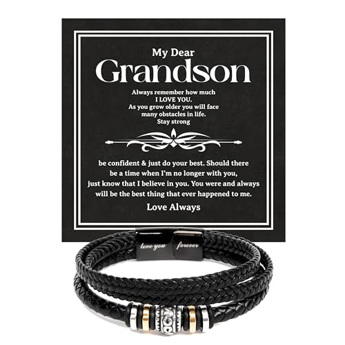 To Our Grandson Bracelet from Grandpa and Grandma - Love You Forever Engraved Leather Wristband with Inspirational Message Card - Sentimental Birthday Graduation Gift for Men, Teen - color: Version-12