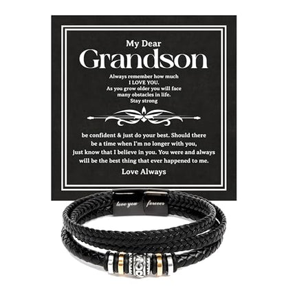 To Our Grandson Bracelet from Grandpa and Grandma - Love You Forever Engraved Leather Wristband with Inspirational Message Card - Sentimental Birthday Graduation Gift for Men, Teen - color: Version-12