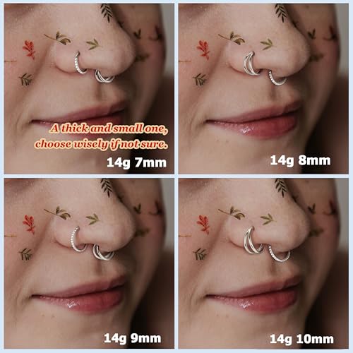 BodyBonita 3pcs Nose Rings Hoops - Double Hoop Nose Ring 14/16/18/20G Hinged CZ Piercing Jewelry Septum Clicker Rings Cartilage Earring Helix Rook Tragus Daith 7mm/8mm/9mm/10mm - color: Silver, size: 14 gauge(1.6mm)-10mm