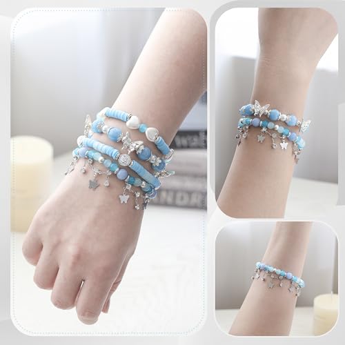 Besydec Stackable Boho Beaded Bracelets With Natural Stone & Pearl Heart & Clay Beads for Women,Adjustable Silver Jewelry - color: Blue
