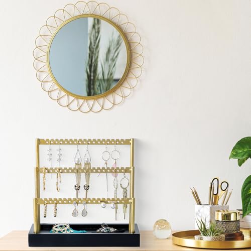 SANY DAYO HOME 3-Tier Earring Holder Organizer Stand, 105 Holes Gold Metal Earring Rack Jewelry Display Tree with Black Wood Tray for Women and Girls - color: Gold Rack Black Base