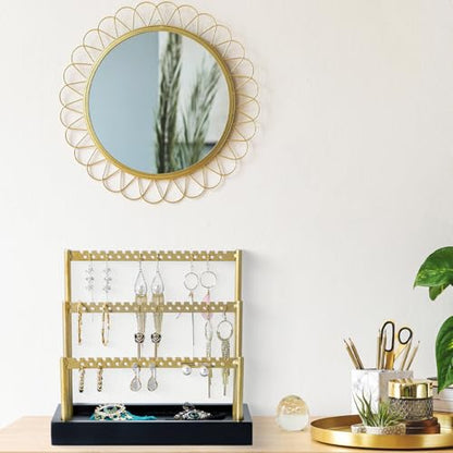 SANY DAYO HOME 3-Tier Earring Holder Organizer Stand, 105 Holes Gold Metal Earring Rack Jewelry Display Tree with Black Wood Tray for Women and Girls - color: Gold Rack Black Base