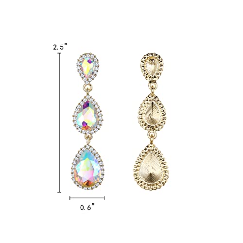 EleQueen Women's Crystal Teardrop Pear Shape 2.5 Inch Long Earrings | Dangle Earrings for Women, TearDrop Crystals Earrings for Bride Bridesmaid, Prom Jewelry for Wedding - color: Iridescent AB Gold-tone
