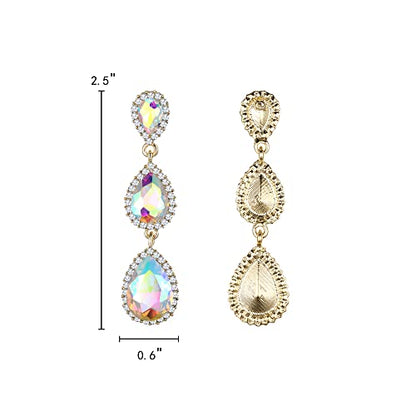 EleQueen Women's Crystal Teardrop Pear Shape 2.5 Inch Long Earrings | Dangle Earrings for Women, TearDrop Crystals Earrings for Bride Bridesmaid, Prom Jewelry for Wedding - color: Iridescent AB Gold-tone