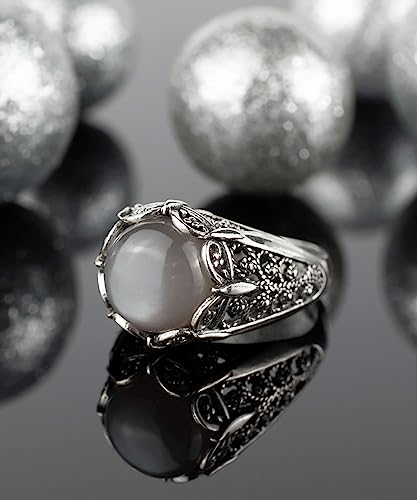 Filigranist 925 Sterling Silver Filigree Art Women Mini Dome Cocktail Ring with Gemstone, Gift Boxed - color: Grey Moonstone