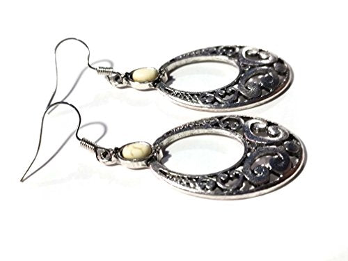 Bohemian Filigree Earrings Antique Silver Tone Oval Hoop Earrings 2 inch L