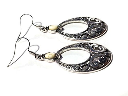 Bohemian Filigree Earrings Antique Silver Tone Oval Hoop Earrings 2 inch L