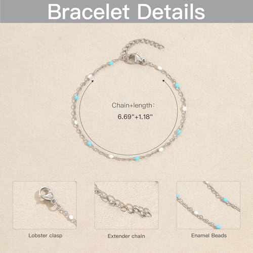 6 PCS Enamel Beaded Chains Bracelet Stainless Steel Link Bracelets | 6.7"+1.18", With Extender Chain, Fashion Jewelry Set, Gift For Women, Colorful, No Fade - color: Light Blue White Silver