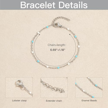 6 PCS Enamel Beaded Chains Bracelet Stainless Steel Link Bracelets | 6.7"+1.18", With Extender Chain, Fashion Jewelry Set, Gift For Women, Colorful, No Fade - color: Light Blue White Silver