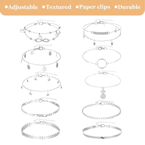 12pcs Gold/Silver Ankle Bracelets for Women Layered Waterproof 14k Cuban Link Chain Anklets Set Adjustable Dainty Summer Beach Gold Accessories Boho Bracelet Jewelry - style: 10PCS Style C