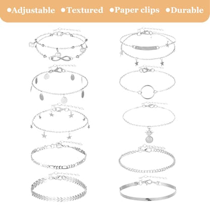 12pcs Gold/Silver Ankle Bracelets for Women Layered Waterproof 14k Cuban Link Chain Anklets Set Adjustable Dainty Summer Beach Gold Accessories Boho Bracelet Jewelry - style: 10PCS Style C