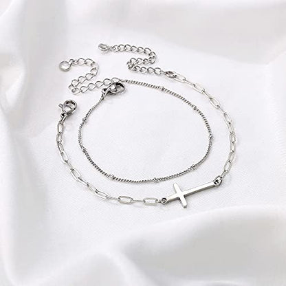 Dainty Gold Bracelets for Women, 14K Gold Plated Adjustable Layered Beads Bracelet Cute Evil Eye Oval Chain Pearl Bar Turtle Gold Bracelets for Women Jewelry - style: Beads Chain&Cross-Silver