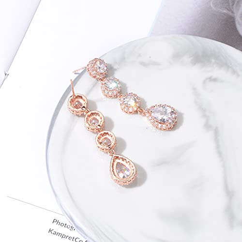 Women's Cubic Zirconia Bridal Earrings - Elegant Long Wedding Party Prom Earring for Bride Bridesmaids Crystal CZ Rhinestone Chandelier Statement Dangle Drop Earrings for girls - color: Clear-rose gold