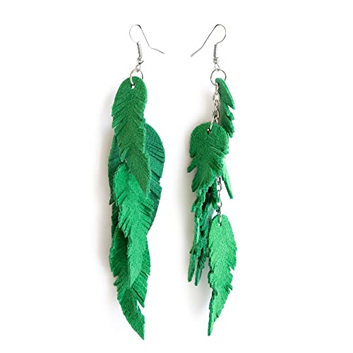 Leather Feather Earrings, Suede layered earrings, boho wedding jewelry, summer earrings, gift for her, dangle earrings - color: green