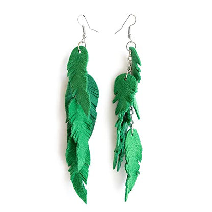 Leather Feather Earrings, Suede layered earrings, boho wedding jewelry, summer earrings, gift for her, dangle earrings - color: green