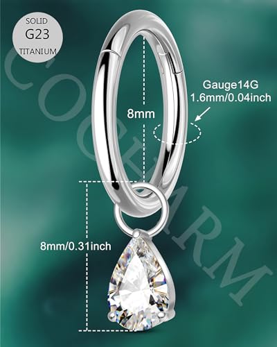 COCHARM Titanium Clicker Hoop Belly Button Ring, 8mm 14G Teardrop Belly Navel Ring, Dangling Hoop Belly Piercing Jewelry Nickel Free - color: Silver-Clear CZ