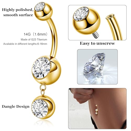 REVOLIA 14G G23 Pure Titanium Dangle Belly Button Rings for Women Hypoallergenic Dangling Navel Rings Internally Threaded Belly Rings for Sensitive Skin CZ Barbell Belly Button Piercing Jewelry 6-16mm - color: Gold