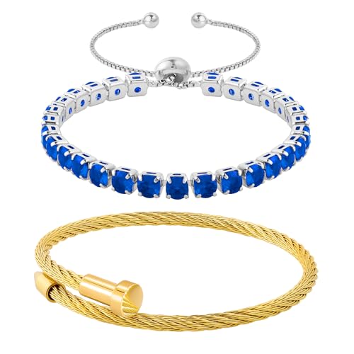 2PCS 18K Gold Plated Nail Bangle & Chain Bracelet Set for Women, Adjustable Stackable Bangle Jewelry, Dainty Gold Bracelet Gift for Women - color: Tennis-set F