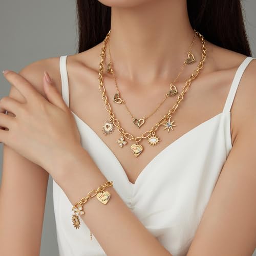 JNF Cute Shell Conch Boho Charm Necklace for Women Sun Moon Star Coin Heart Flower Boot Bow Charms Necklaces Summer Beach Jewelry - color: rhinestone heart star necklace