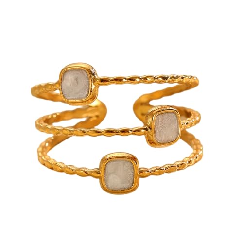 Layered Open Statement Ring Enamel Square Geometric Rings for Women Stainless Steel 18K Gold Plated Adjustable Finger Bands Stackable Comfort Fit Wedding Engagement Fashion Jewelry - color: White