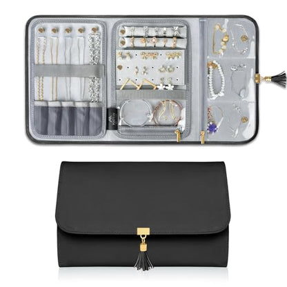 MATEIN Black Travel Jewelry Organizer, Vegan Leather Big Jewelry Rolls | Tangle-Free Necklace Holder, Clear Pockets, for Travel Daily Jewels Earrings Rings Bracelets, Elegant Gifts for Women - color: Black