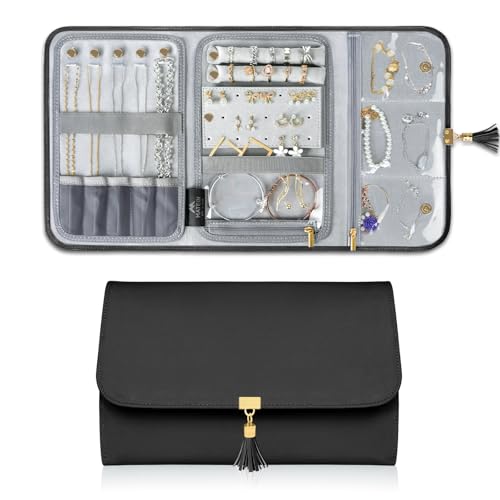 MATEIN Black Travel Jewelry Organizer, Vegan Leather Big Jewelry Rolls | Tangle-Free Necklace Holder, Clear Pockets, for Travel Daily Jewels Earrings Rings Bracelets, Elegant Gifts for Women - color: Black