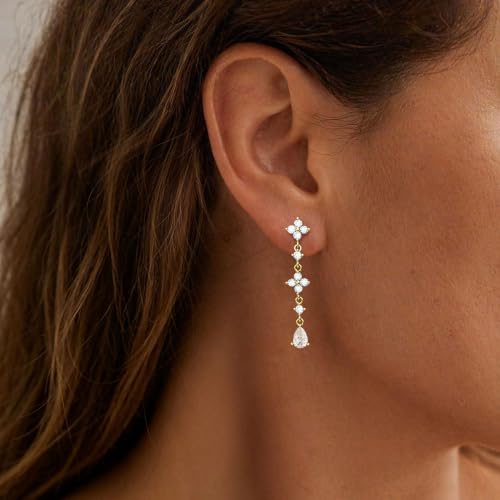 Dangle Earrings for Women, Formal Teardrop Drop Earrings Dainty Wedding Bridal Dangling Earrings 14k Gold Plated Long Gold Earrings for Women Trendy Hypoallergenic Waterproof Prom Jewelry - color: Gold-Clover