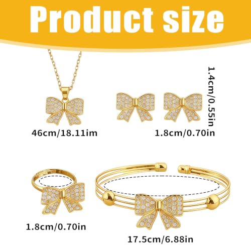 1 Set 4 Pcs Bow Jewelry Set Silver-tone Rhinestone Adjustable Bow Necklace, Earrings, Bracelet, Ring for Women, Party, Daily - color: Gold