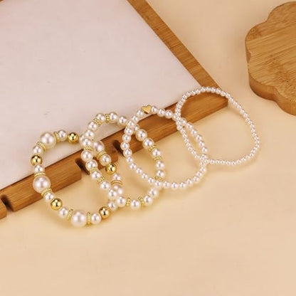 Pearl Bracelets for Women Simulated Pearl Beaded Bracelet White Pearls Stackable Stretch Bracelet Set Multilayered Elastic Pearls Bracelets for Women Bridesmaid Bridal Jewelry - color: Gold