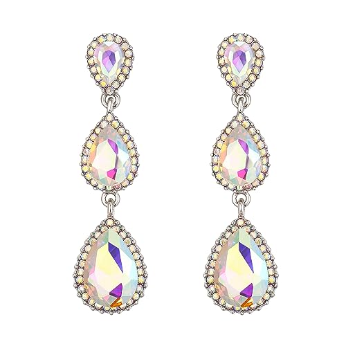 EleQueen Women's Crystal Teardrop Pear Shape 2.5 Inch Long Earrings | Dangle Earrings for Women, TearDrop Crystals Earrings for Bride Bridesmaid, Prom Jewelry for Wedding - color: Iridescent AB Silver-tone