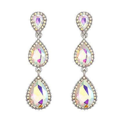 EleQueen Women's Crystal Teardrop Pear Shape 2.5 Inch Long Earrings | Dangle Earrings for Women, TearDrop Crystals Earrings for Bride Bridesmaid, Prom Jewelry for Wedding - color: Iridescent AB Silver-tone