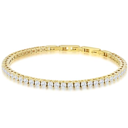 Stainless Steel Adjustable CZ Tennis Bracelet for Women Men | 14K Gold Plated, Round 3mm/4mm/5mm AAAA+ Cubic Zirconia, Dainty Classic, Festival Wedding Jewelry Gift - color: Gold, size: CZ 3mm