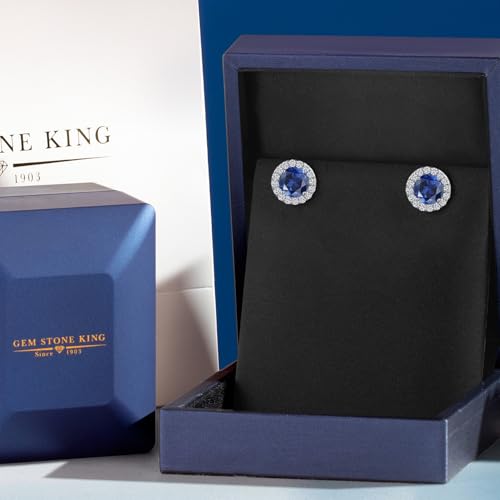Gem Stone King 14K White Gold 6MM Round Gemstone Birthstone Stud Earrings with Removable Jackets and Lab Grown Diamond Accents | Gold Earrings For Women | Fine Jewelry Gift for Her Mom Women Wife - color: Blue Created Sapphire-September