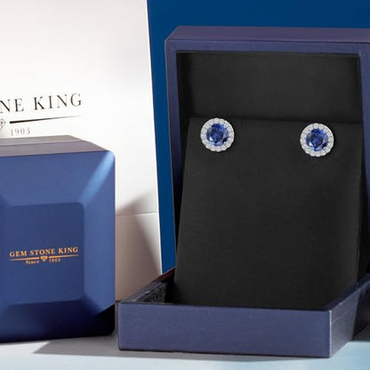 Gem Stone King 14K White Gold 6MM Round Gemstone Birthstone Stud Earrings with Removable Jackets and Lab Grown Diamond Accents | Gold Earrings For Women | Fine Jewelry Gift for Her Mom Women Wife - color: Blue Created Sapphire-September