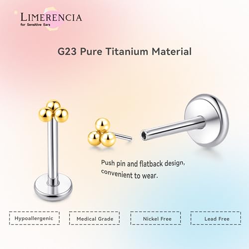 limerencia Titanium Threadless Flat Back Earrings Stud Piercing Jewelry | 20G Press Fit Titanium Push Pop in Cartilage Tragus Labret Lip Medusa Conch Piercing Jewelry Hypoallergenic for Women Men - style: Ball Gold