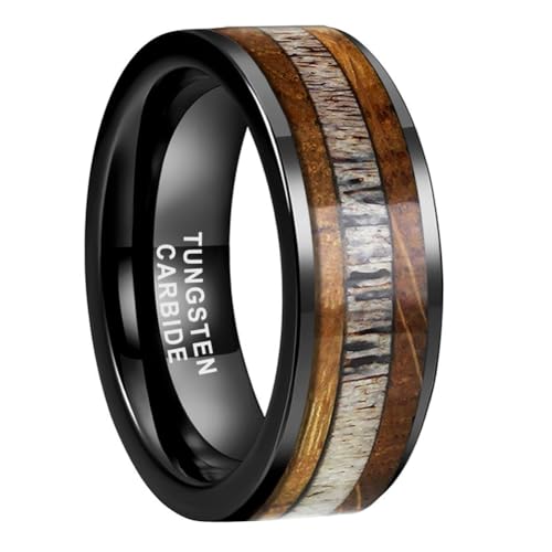 TUTISS 8mm Silver Black Tungsten Rings for Men Women Wedding Bands Whisky Barrel Wood Deer Antler Inlay Flat Polished Shiny Comfort Fit - color: 8mm Black Tungsten
