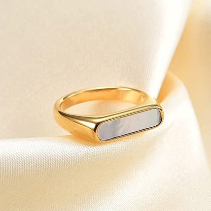 VQYSKO 14K Gold Plated Signet Ring | Statement Band Jewelry for Women - color: Gold+White