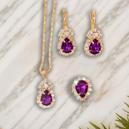 Jewelry Set for Women Love Heart Alloy Artificial Crystal Earrings Pendant Necklace Ring Wedding Party Prom Anniversary Birthday Engagement for Bridal Bridesmaid Girlfriend - color: purple water drop