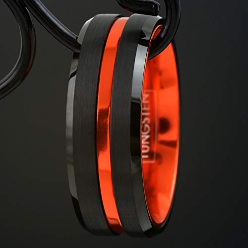 Engraved Personalized 6mm/8mm Brushed Finish Black Tungsten Carbide Band Ring w/Metallic Orange Stripe & Matching Anodized Aluminum Inner Band.