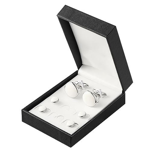 Men's Cufflinks & Tuxedo Studs Set - 316L Stainless Steel Formal Wedding Jewelry, Groomsmen Gift Set with Gift Box - color: 6pcs white