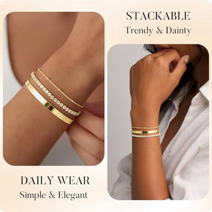 Turandoss Gold Bracelets for Women - Dainty 14K Gold Plated Tennis Bracelet | Stackable Cross Beaded Set, Twisted Rope Chain, Snake Paperclip Chain, Knot Cuff Bracelets for Women, Jewelry Gifts - color: Cuff Tennis Set