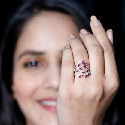 Natural Amethyst Diamond Statement Ring For Women, AAA Quality, Certified Amethyst Designer Ring - Ideal For Gift - color: 10K White Gold