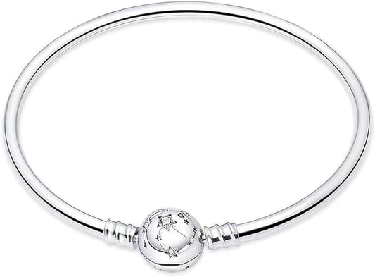 HappyStar 925 Sterling Silver Snake Chain Bracelet Fully compatible with Pandora charms, With Mickey Mouse head Clasp Charm Bracelets Gifts for Teen Women - color: Glossy Circle Constellation Clasp, size: 8.4 in/21 cm（For wrist size 7.5in）