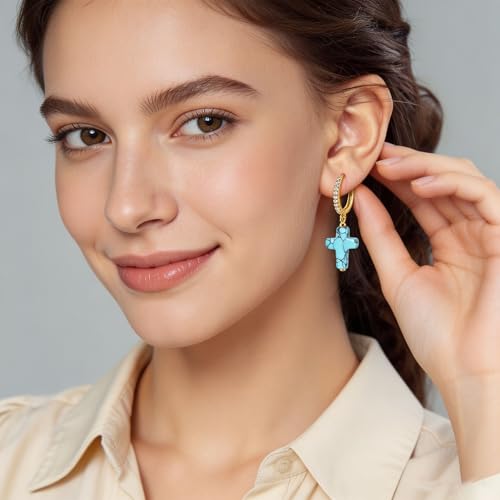 925 Sterling Silver Dangle Whale Shark Butterfly Bow Earrings for Women | Hypoallergenic Huggie Hoop Drop Cross Earrings for Sensitive Ears, Cubic Zirconia Statement Trendy Jewelry Birthday Gifts - color: Turquoise Cross Earring