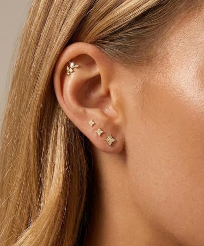 Stud Earring for Women, 14K Gold Silver Plated Hypoallergenic Studs Set | Trendy Cartilage Tragus Helix Clover Flower Earring Stack for Multiple Piercing, Dainty Cute Small Jewelry Gift, Non Tarnish - style: GD-Flower/Branch-4 Pairs