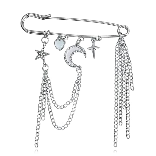 Punk Gold Silver Star Moon Tassel Chain Brooch,Vintage Crystal Moon Star Collar Pins Cubic Zirconia Sweater Shawl Clips Collar Brooch for Women - color: S+M