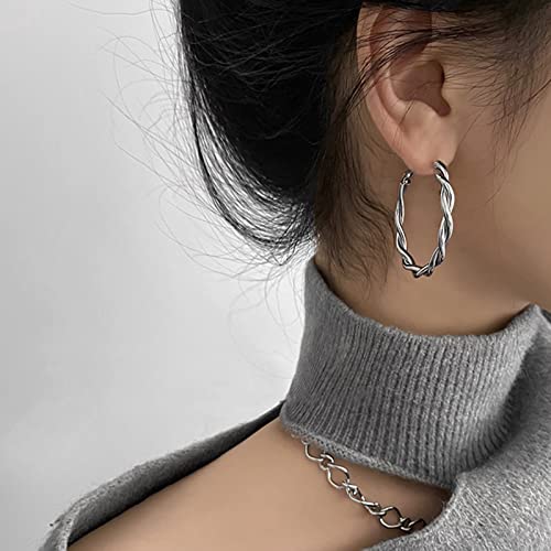 Hoop Earrings for Women, 14K Gold Sterling Silver Chunky Twisted Hoops Earring Hypoallergenic Ear Jewelry - color: Silver-38mm