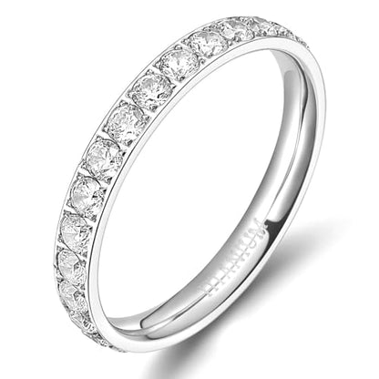 TIGRADE 3mm Women Titanium Engagement Ring Cubic Zirconia Eternity Wedding Band Size 3-13.5 - color: Silver