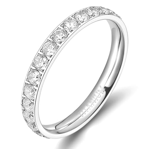 TIGRADE 3mm Women Titanium Engagement Ring Cubic Zirconia Eternity Wedding Band Size 3-13.5 - color: Silver