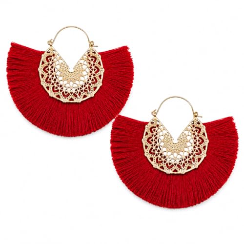 Tassel Hoop Earring Statement Thread Dangle Earrings Stylish Long Fringe Drop Earrings Lightweight Long Swingy French Hook Earrings for Women - color: A Red
